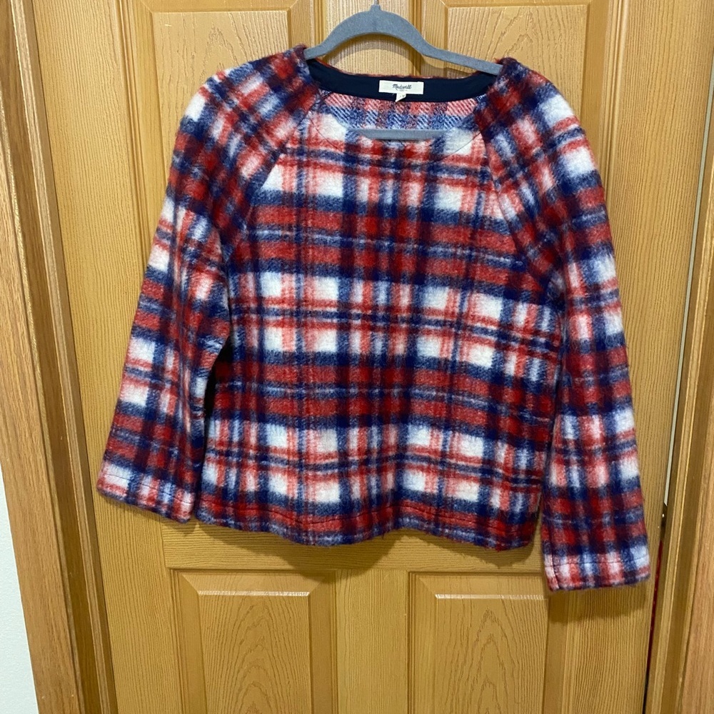 Madewell Womens Sweatshirt Brushed Plaid Pullover Pocket Red Blue size medium